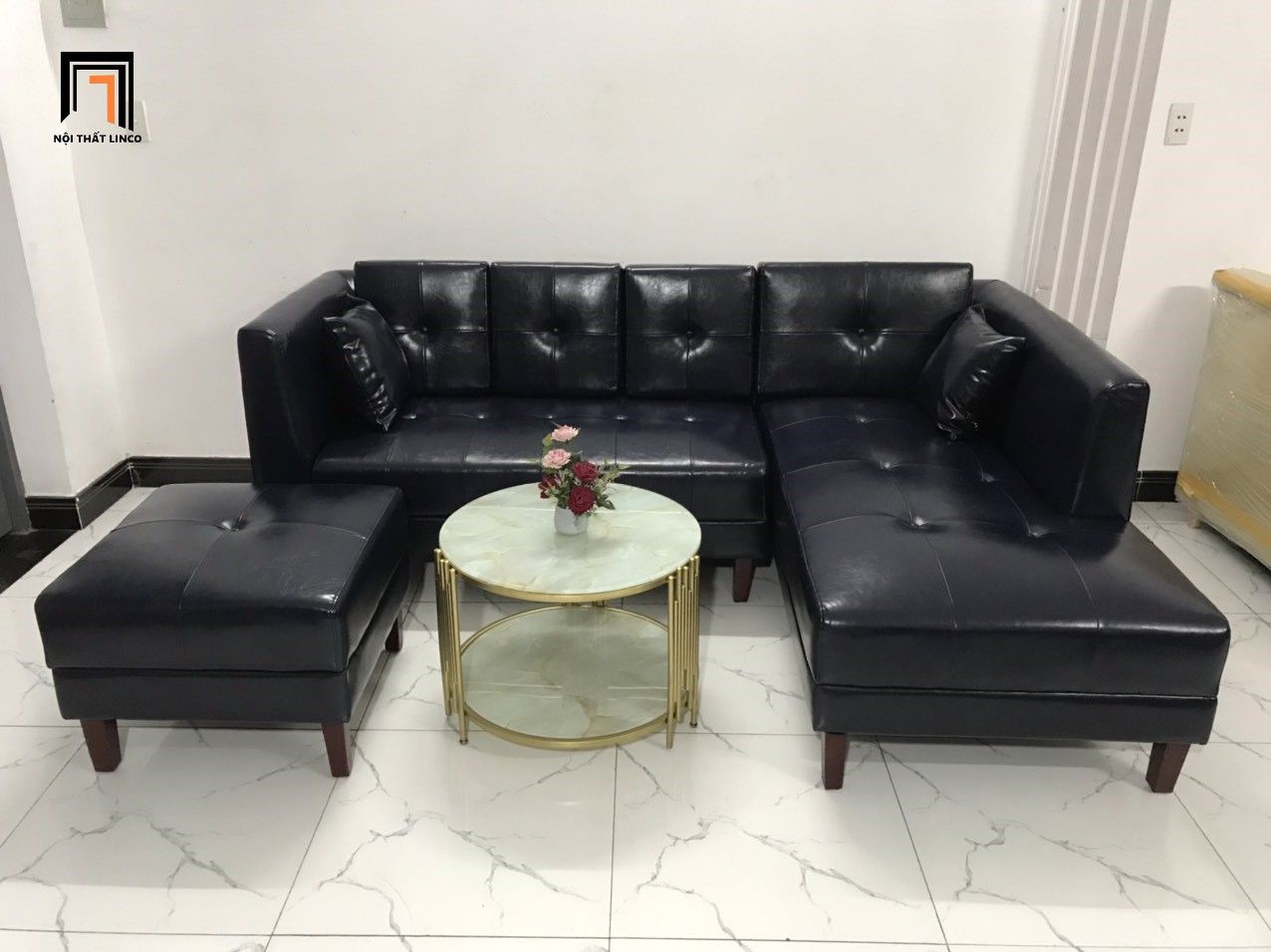 Bộ ghế sofa góc L da giả đen GT231 Ambelia 2m3 x 1m6 cao cấp