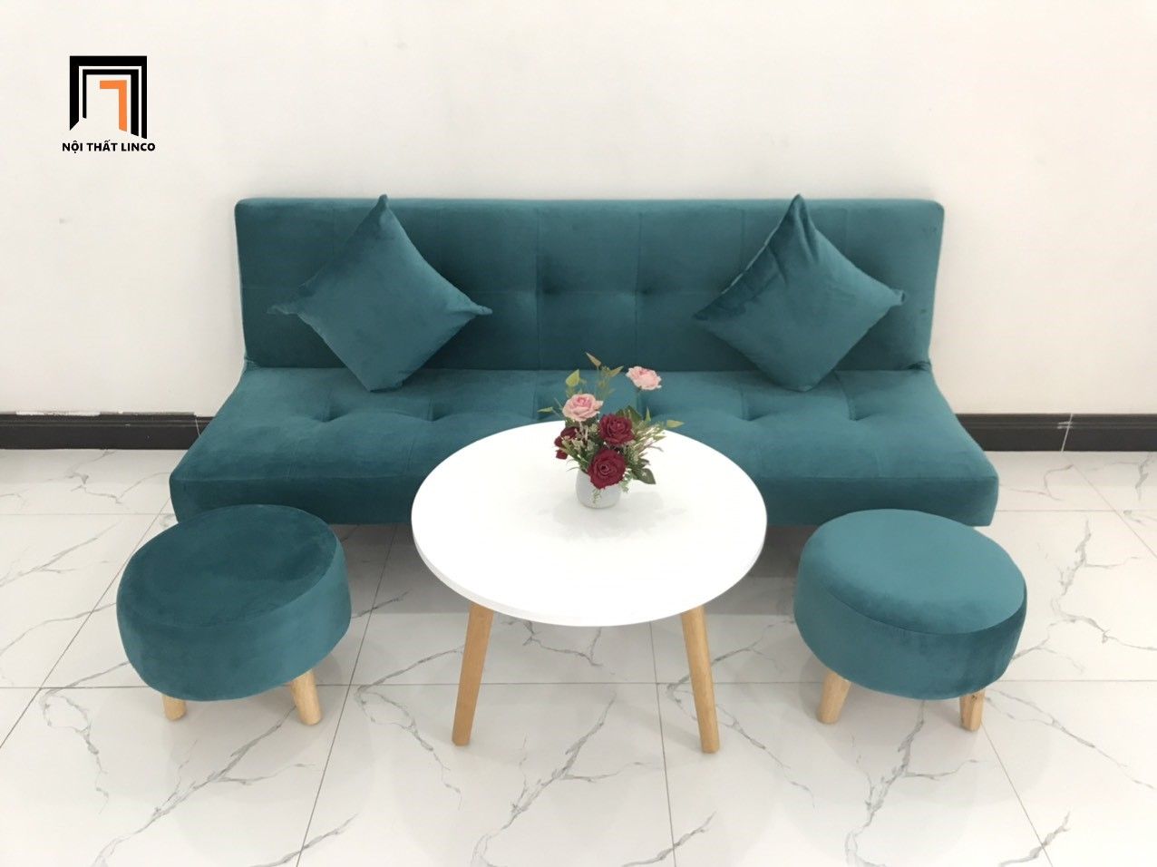 Bộ ghế sofa giường phòng khách xanh lá vải nhung dài 1m7