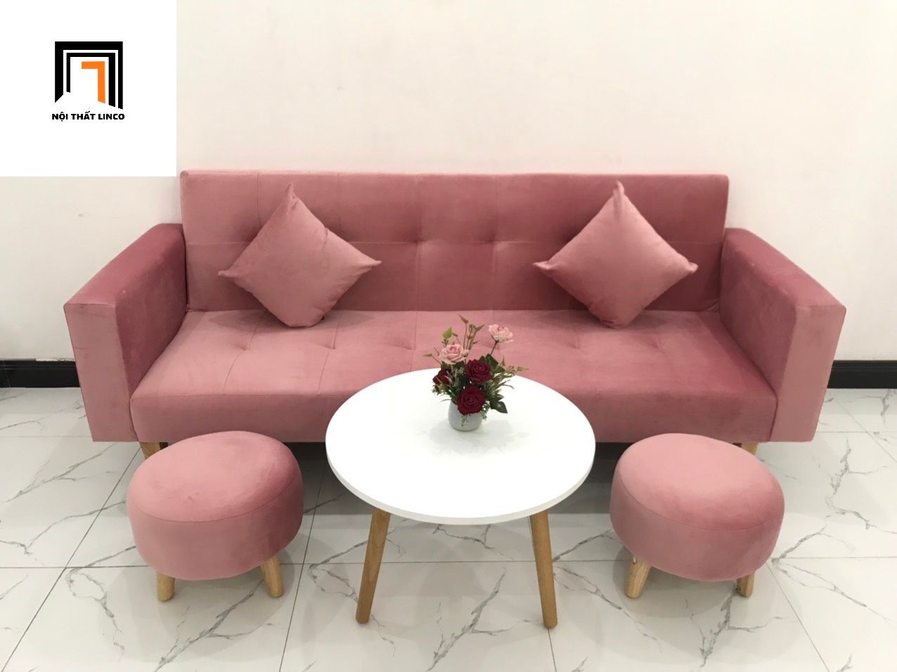 Bộ bàn ghế sofa giường nhỏ 2m BTV màu hồng phấn vải nhung