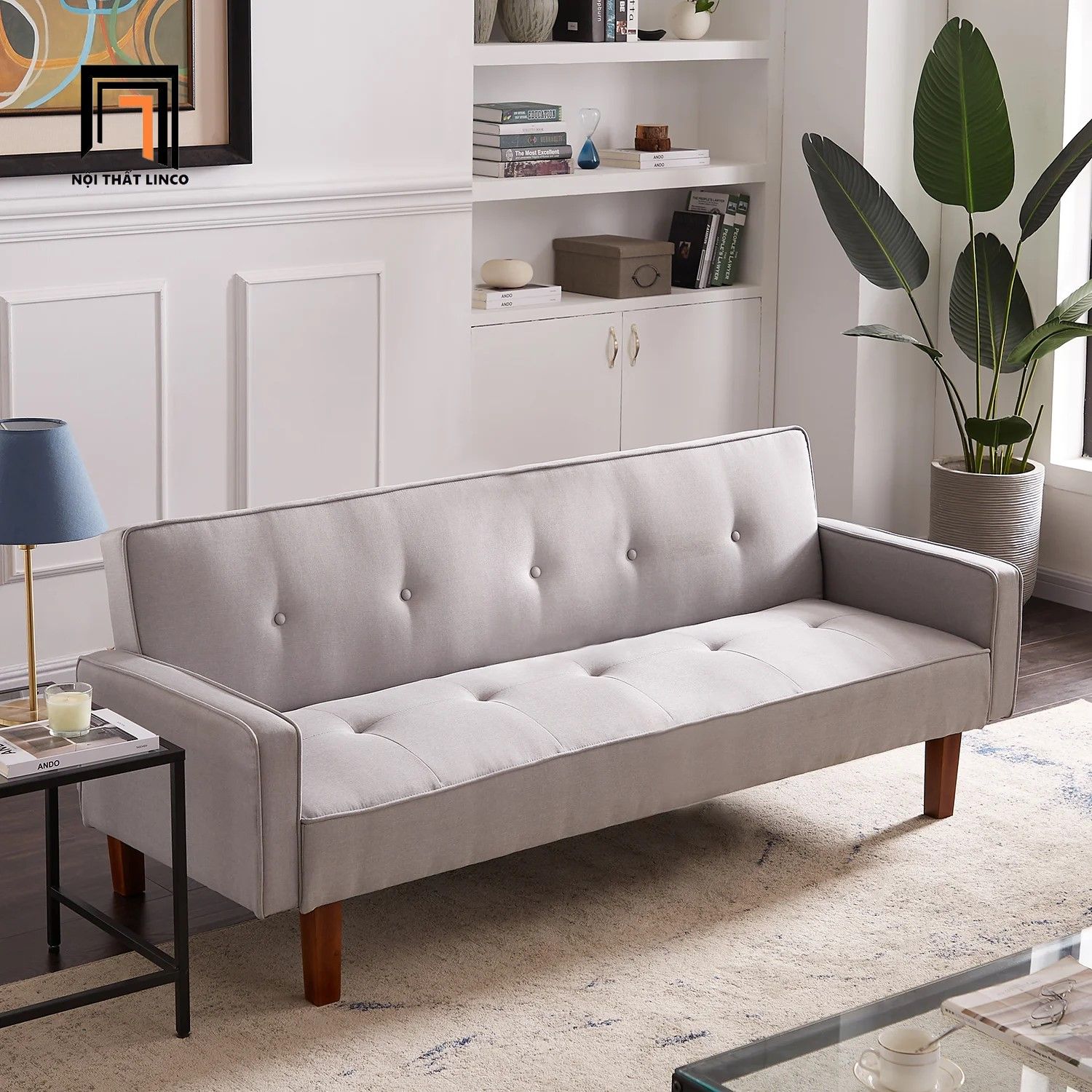Sofa giường nằm giá rẻ GB71 Morones 2m vải nhung xám trắng