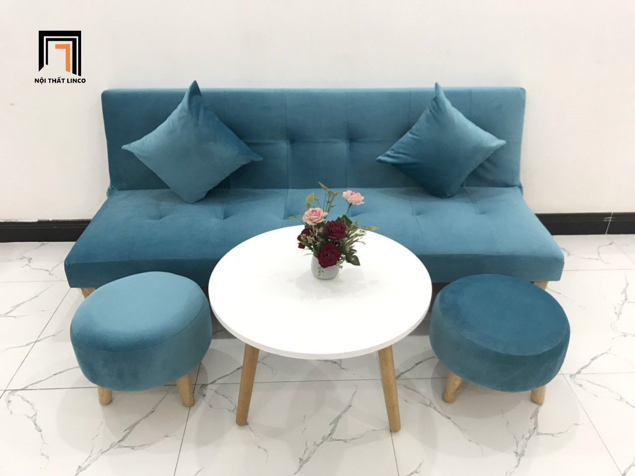Bộ ghế sofa bed bật giường xanh dương vải nhung dài 1m72