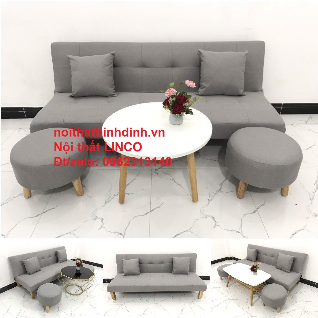 Bộ ghế sofa giường xám ghi trắng dài 1m72 cho phòng khách nhỏ