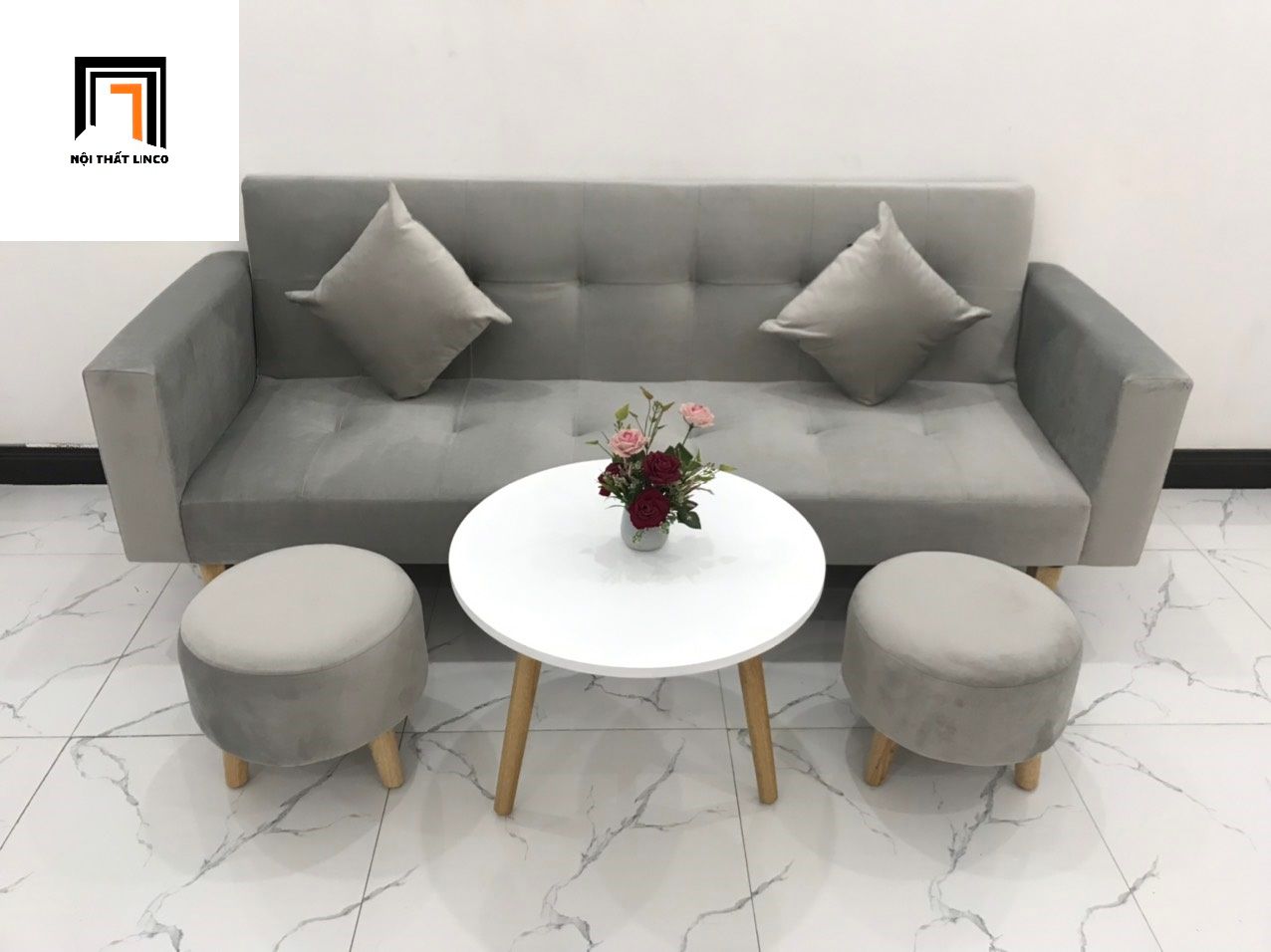 Bộ ghế sofa giá rẻ thông minh BTV 2m xám tro vải nhung