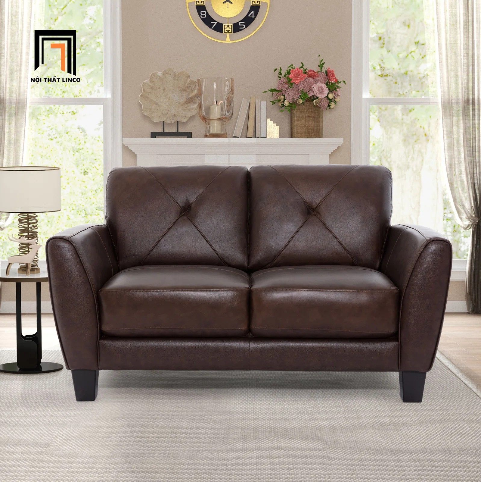Set ghế sofa màu nâu cho gia đình KT142 Nayelys bọc da Pu đẹp