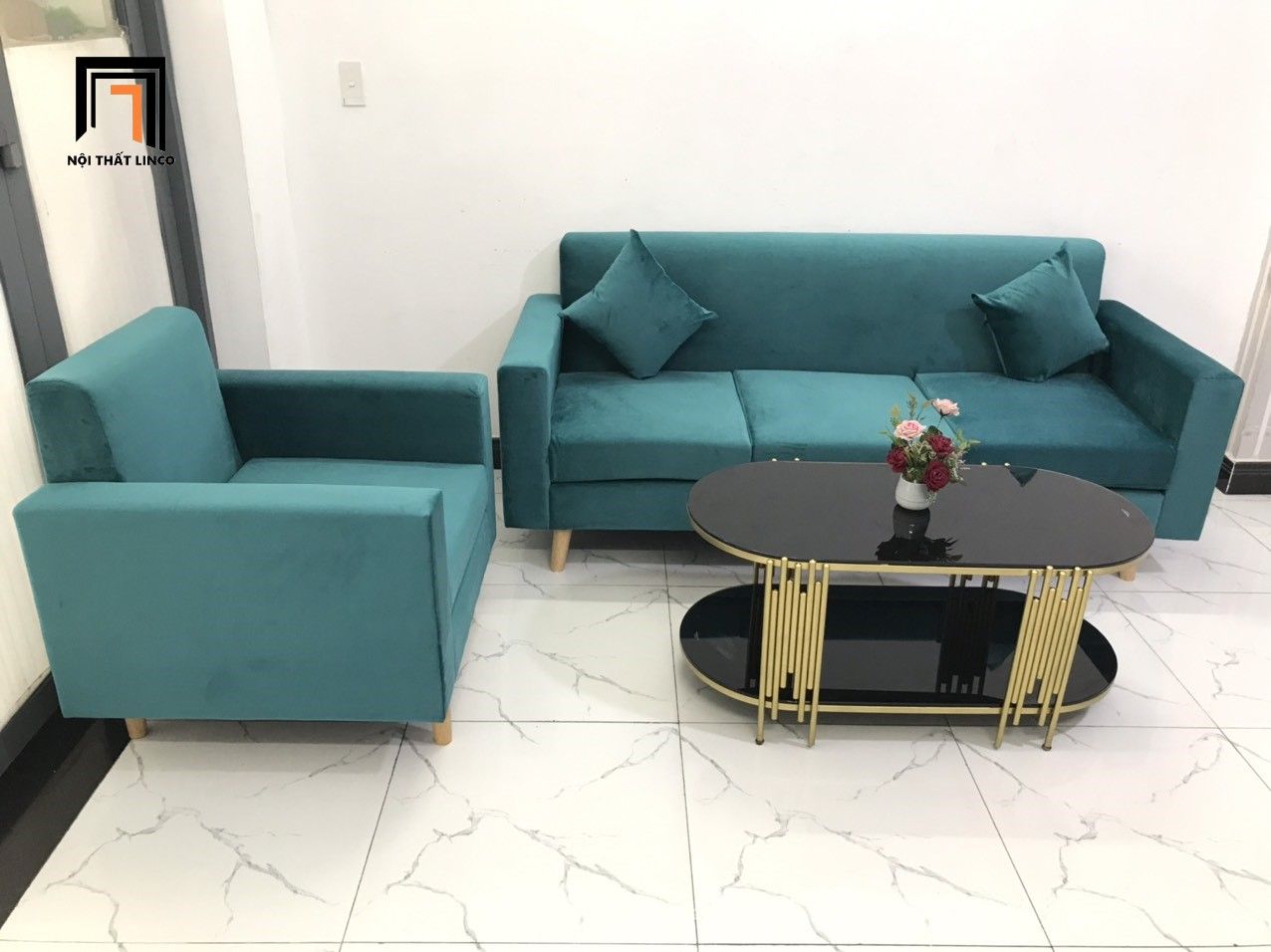 Set ghế sofa băng phòng khách NS05 xanh lá vải nhung