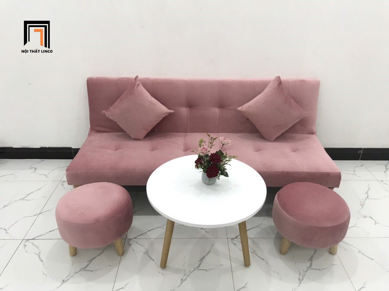 Bộ ghế sofa giường hồng vải nhung dài 1m72 cho shop tiệm nhỏ