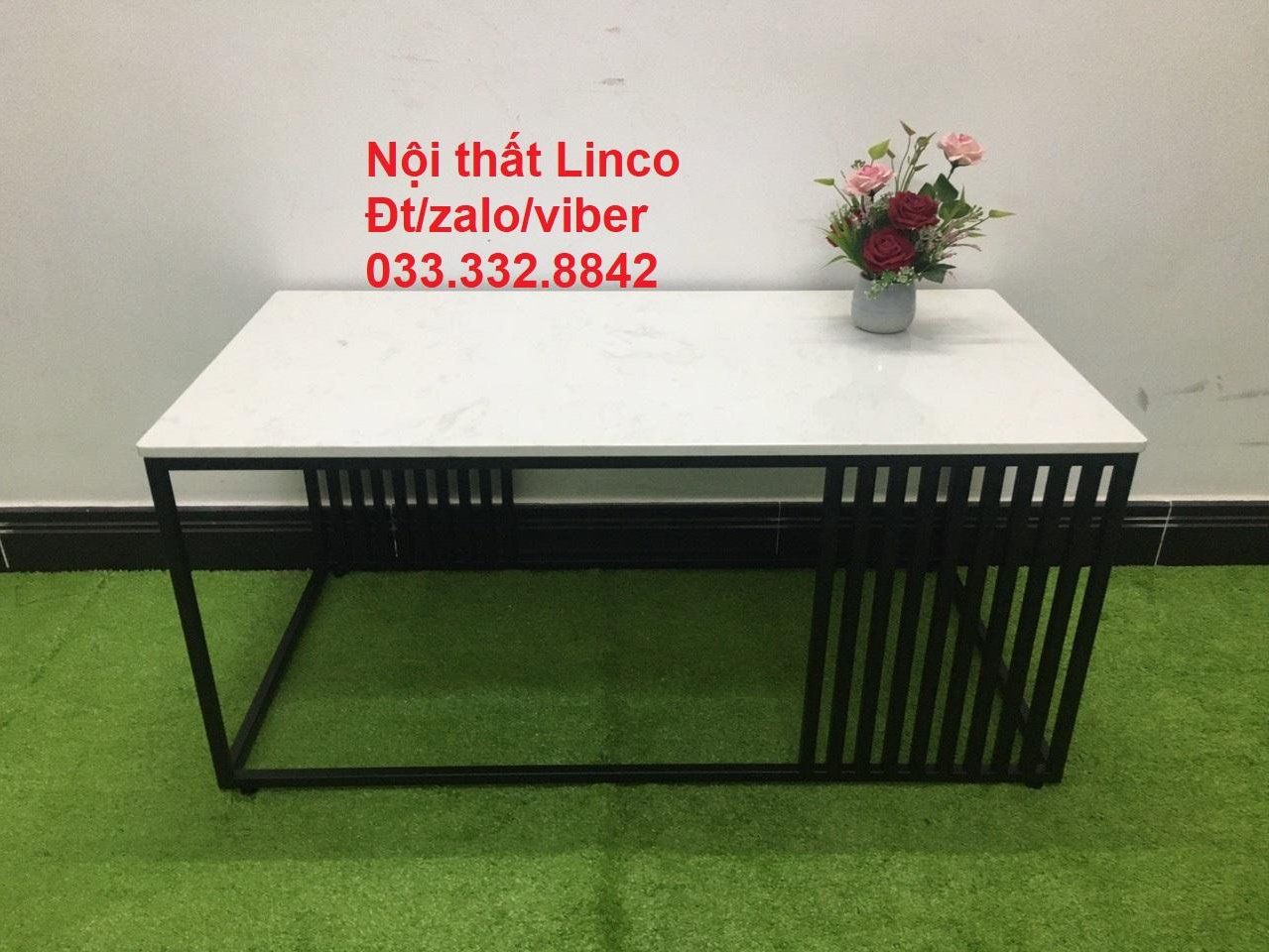 Bàn trà chữ nhật mặt đá trắng giá rẻ 1m x 50 khung chân sắt