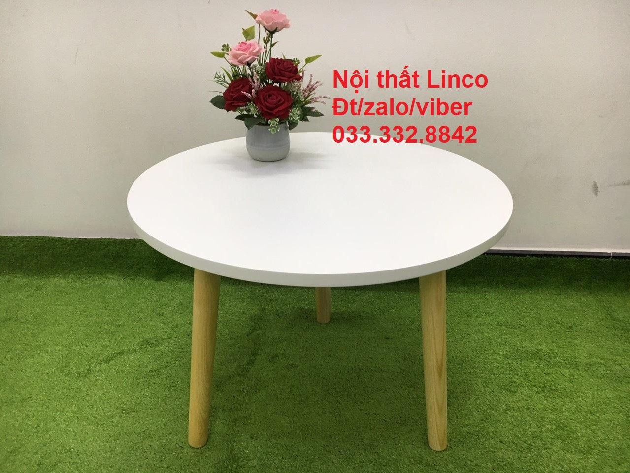 Bàn trà nhỏ gọn mặt ván gỗ 60cm 3 chân gỗ cao su