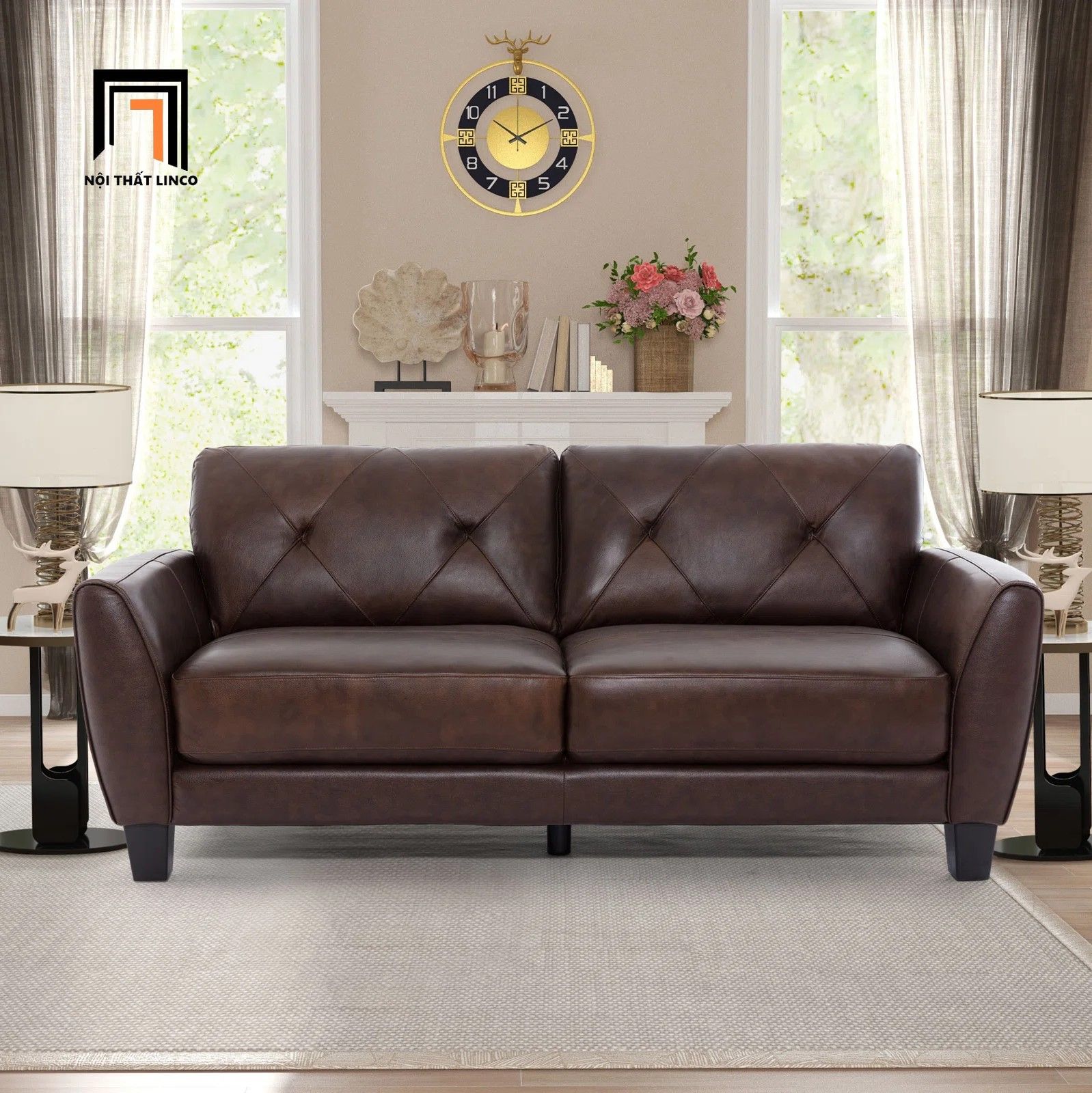 Set ghế sofa màu nâu cho gia đình KT142 Nayelys bọc da Pu đẹp