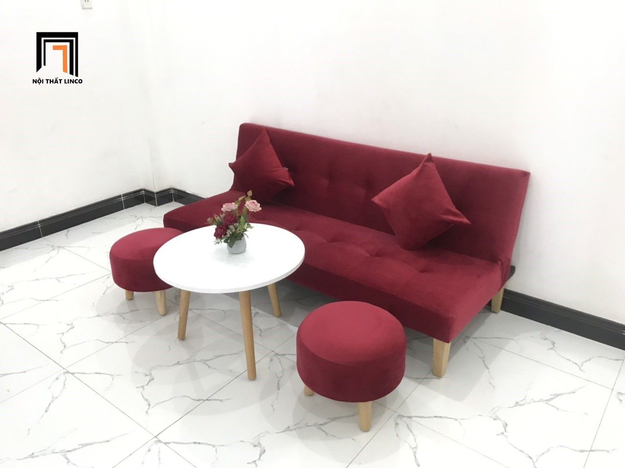 Bộ bàn ghế sofa giường đỏ đô vải nhung mềm dài 1m72