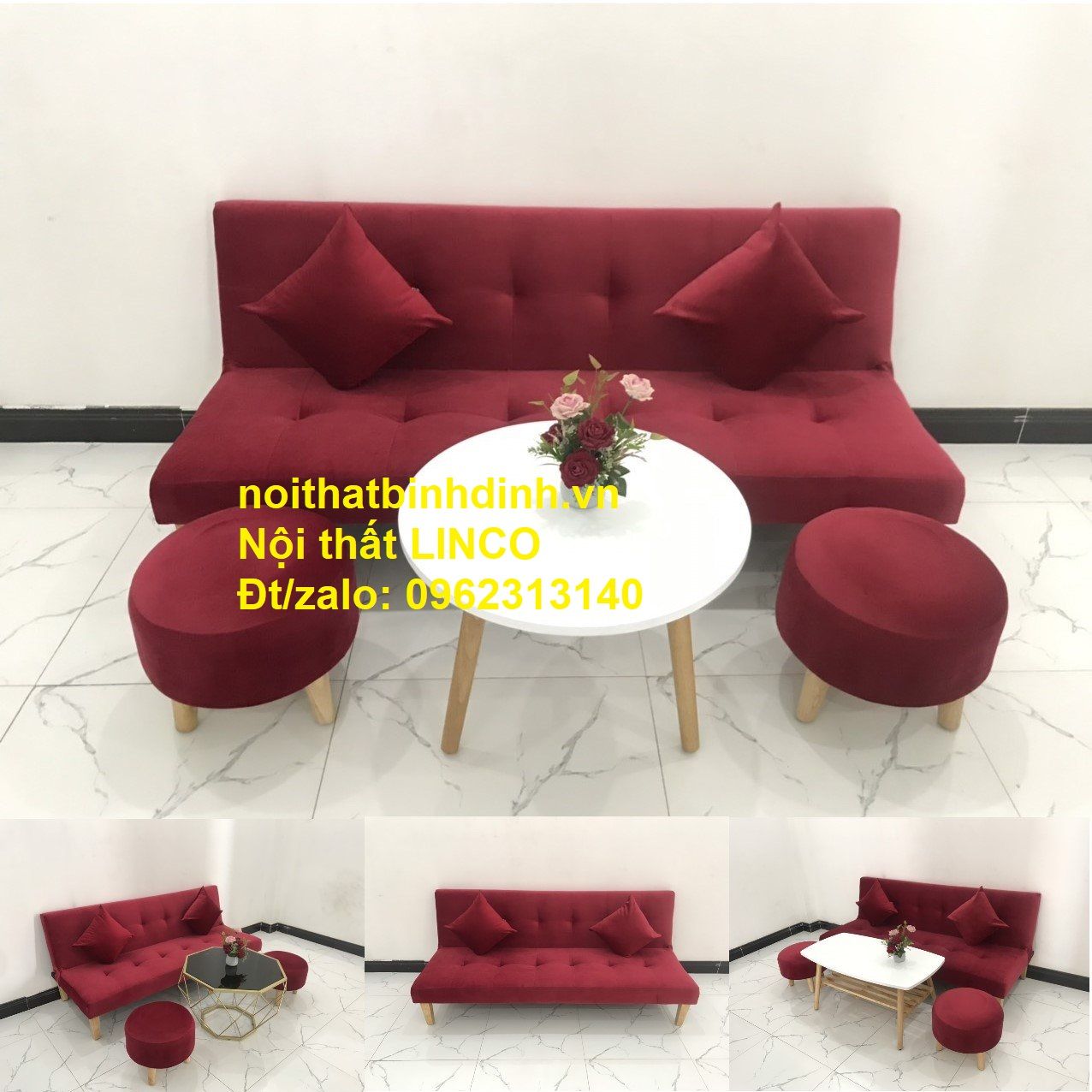 Bộ bàn ghế sofa giường đỏ đô vải nhung mềm dài 1m72
