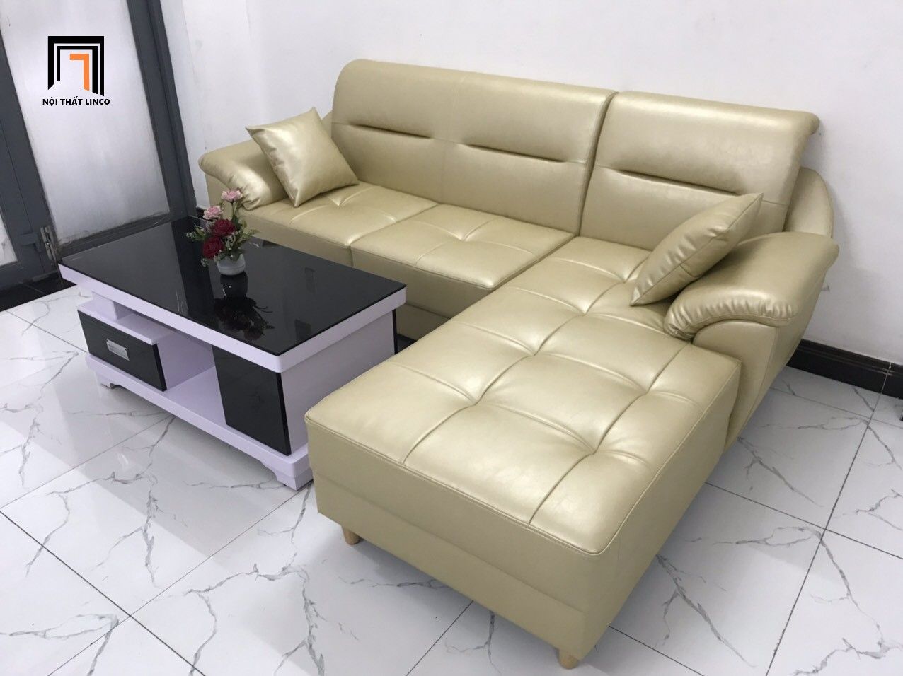 Sofa góc L da công nghiệp GT233 Palma 2m4 x 1m6 kem sữa
