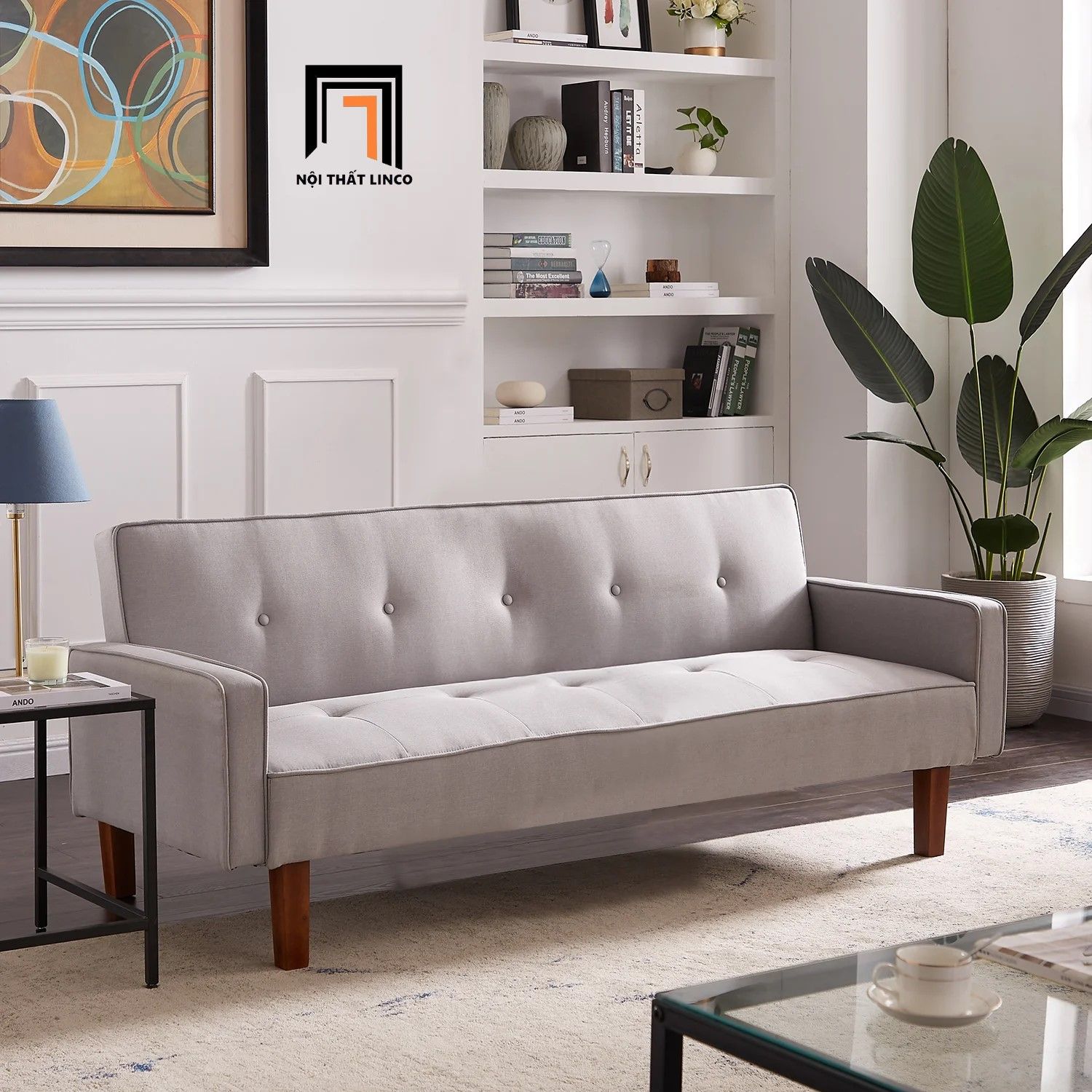 Sofa giường nằm giá rẻ GB71 Morones 2m vải nhung xám trắng