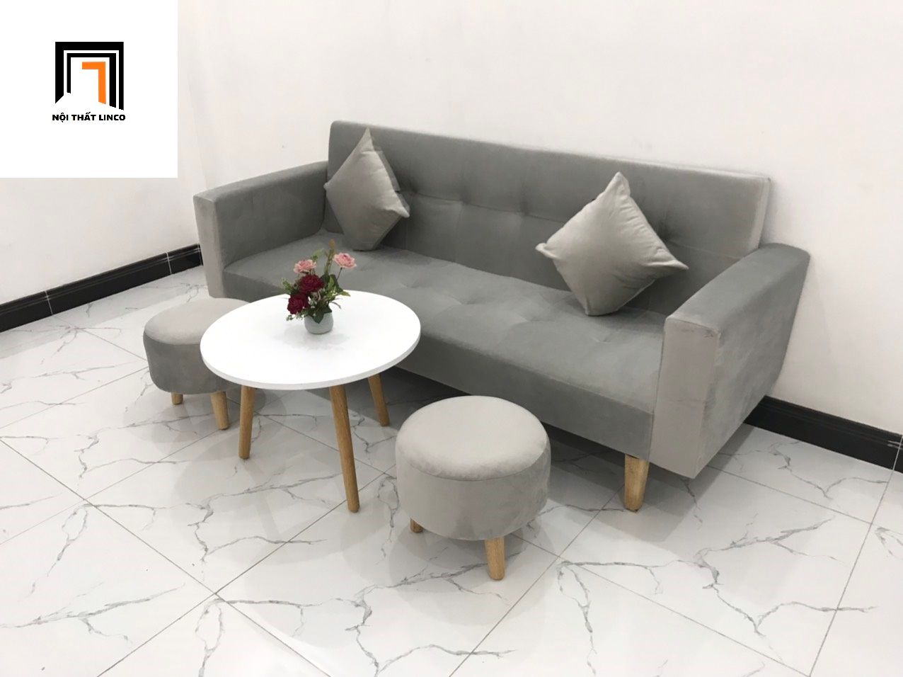 Bộ ghế sofa giá rẻ thông minh BTV 2m xám tro vải nhung