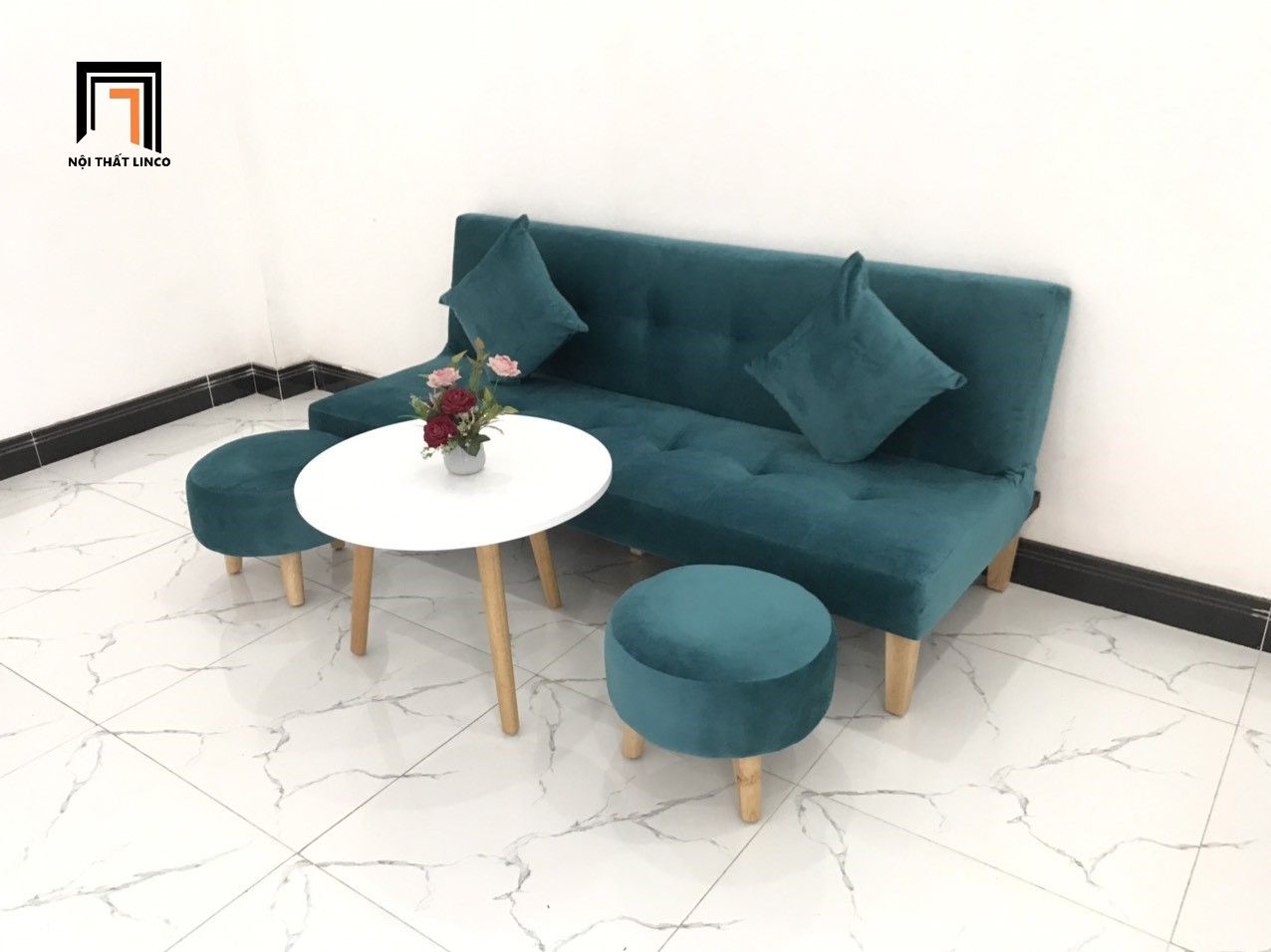 Bộ ghế sofa giường phòng khách xanh lá vải nhung dài 1m7