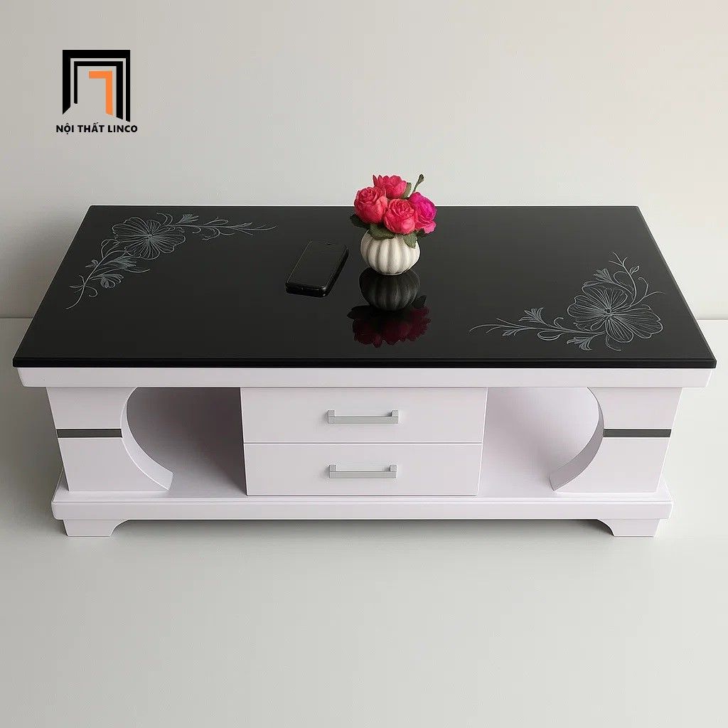 Bàn trà hình hộp mặt kính đen BTPK60 Orino 1m x 50 hộc trắng