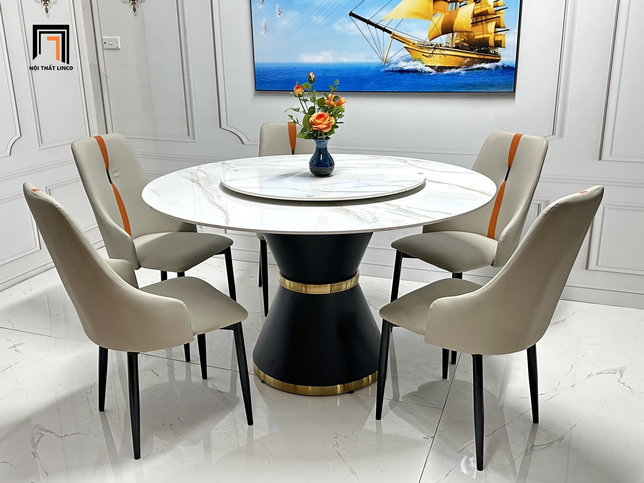 Set bàn ghế ăn 6 chỗ 50-BAD6-GOCNew-B81 mặt đá tròn xoay