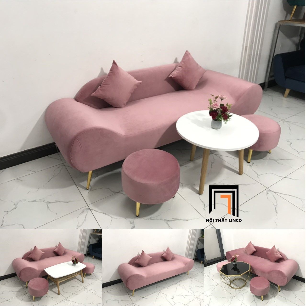 Bộ ghế sofa văng thuyền SFT dài 2m màu hồng vải nhung
