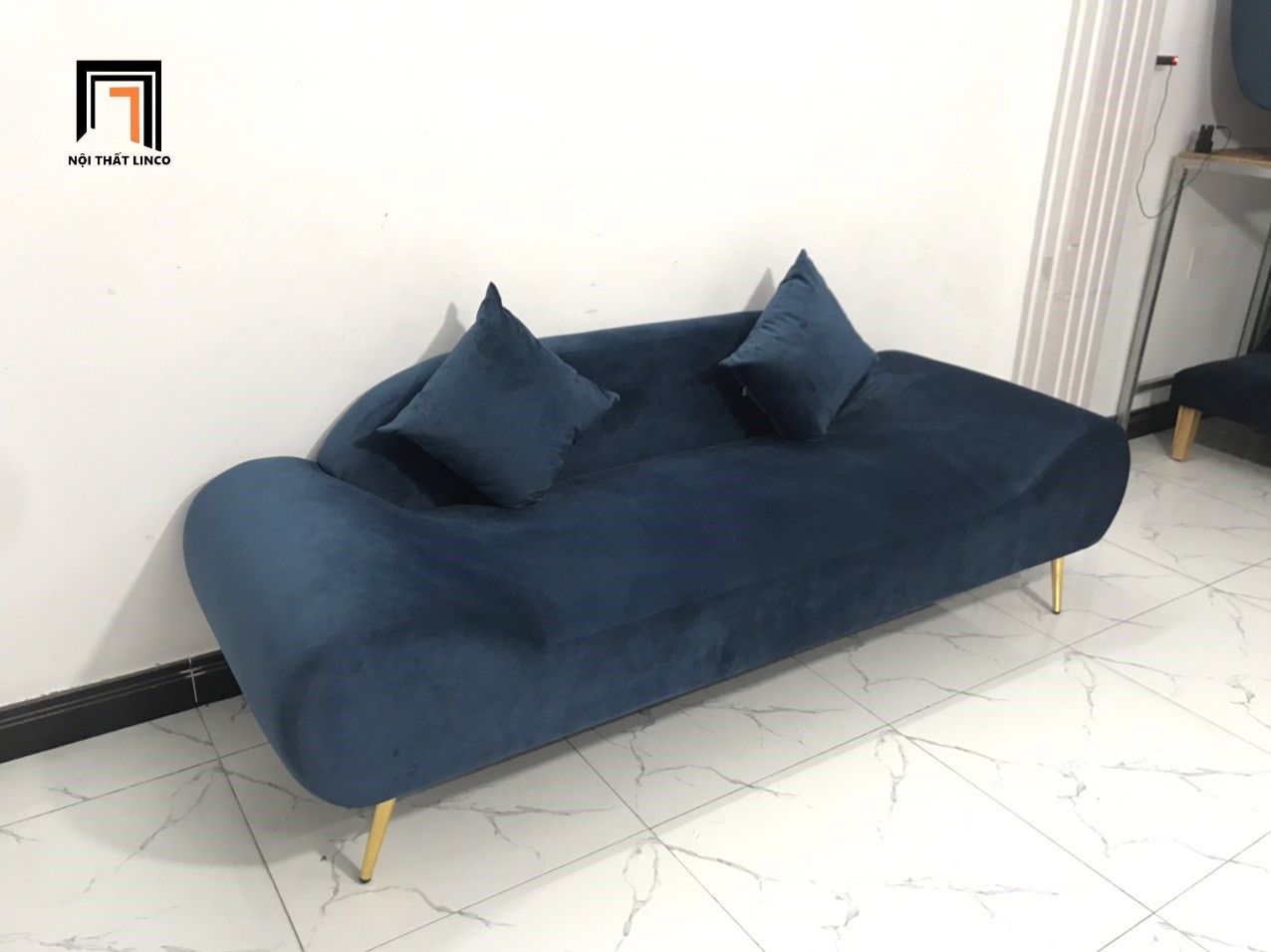 Bộ bàn ghế sofa băng thuyền SFT 2m phòng khách xanh đen vải nhung