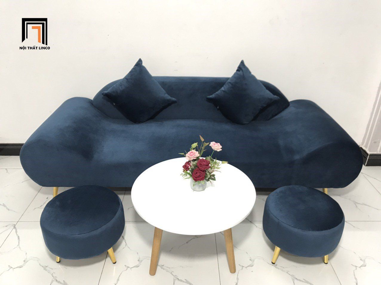 Bộ bàn ghế sofa băng thuyền SFT 2m phòng khách xanh đen vải nhung