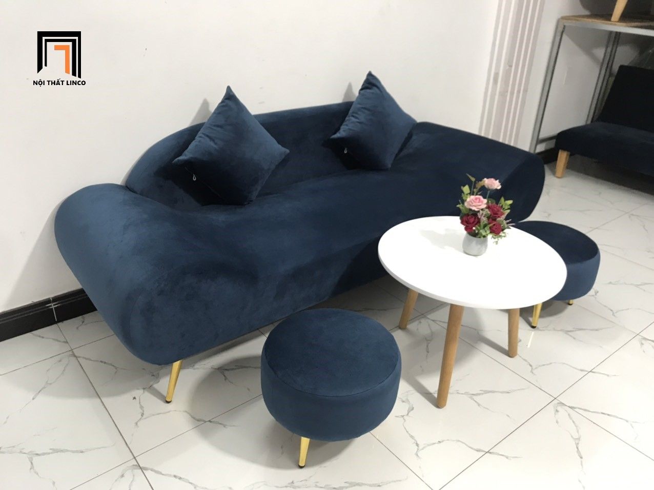 Bộ bàn ghế sofa băng thuyền SFT 2m phòng khách xanh đen vải nhung