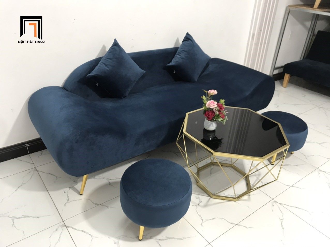 Bộ bàn ghế sofa băng thuyền SFT 2m phòng khách xanh đen vải nhung