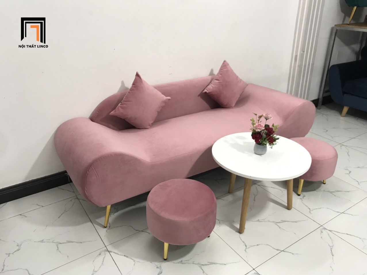 Bộ ghế sofa văng thuyền SFT dài 2m màu hồng vải nhung