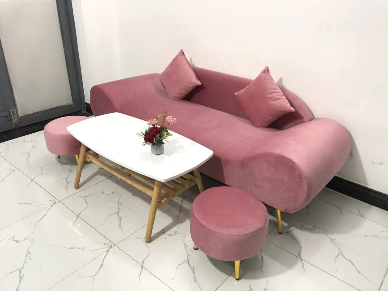 Bộ ghế sofa văng thuyền SFT dài 2m màu hồng vải nhung