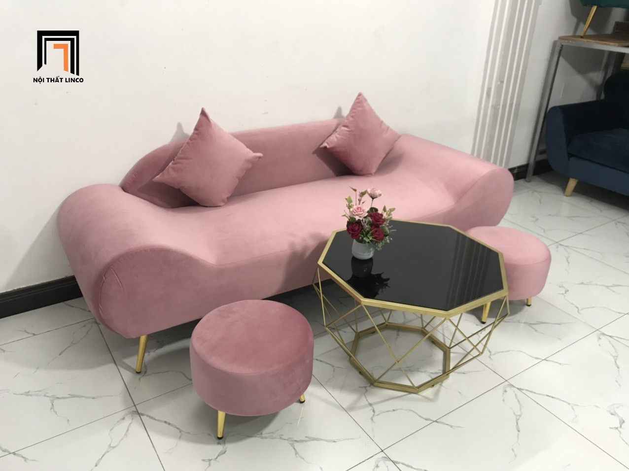 Bộ ghế sofa văng thuyền SFT dài 2m màu hồng vải nhung