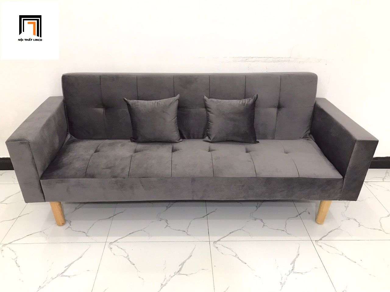 Bộ ghế sofa băng đa năng 2m BTV xám đen vải nhung sang trọng