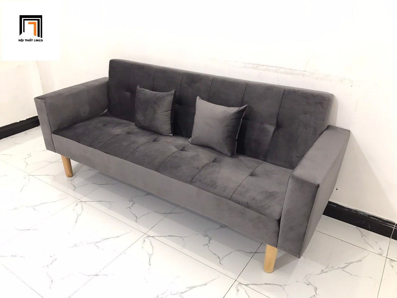 Bộ ghế sofa băng đa năng 2m BTV xám đen vải nhung sang trọng