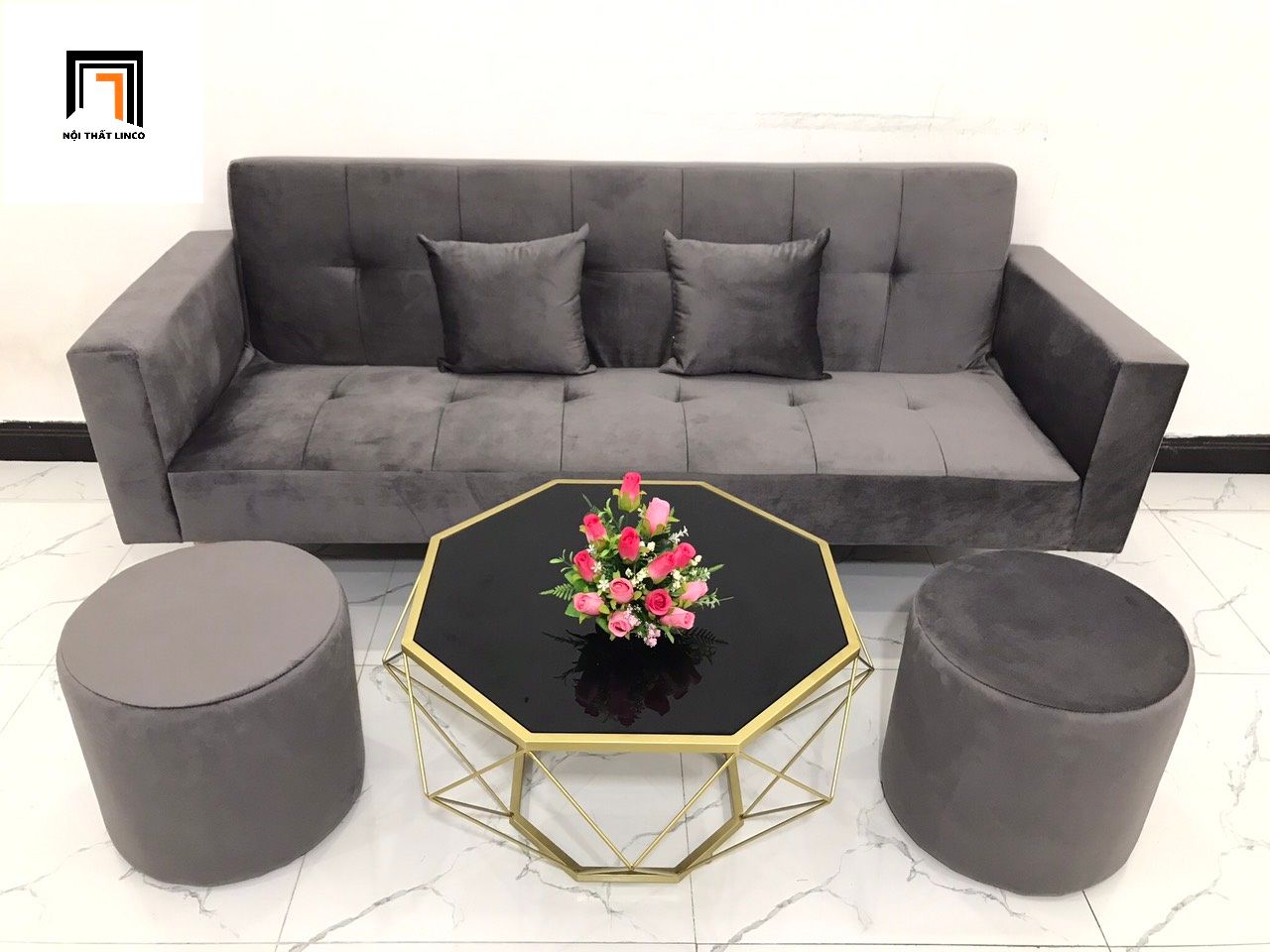 Bộ ghế sofa băng đa năng 2m BTV xám đen vải nhung sang trọng