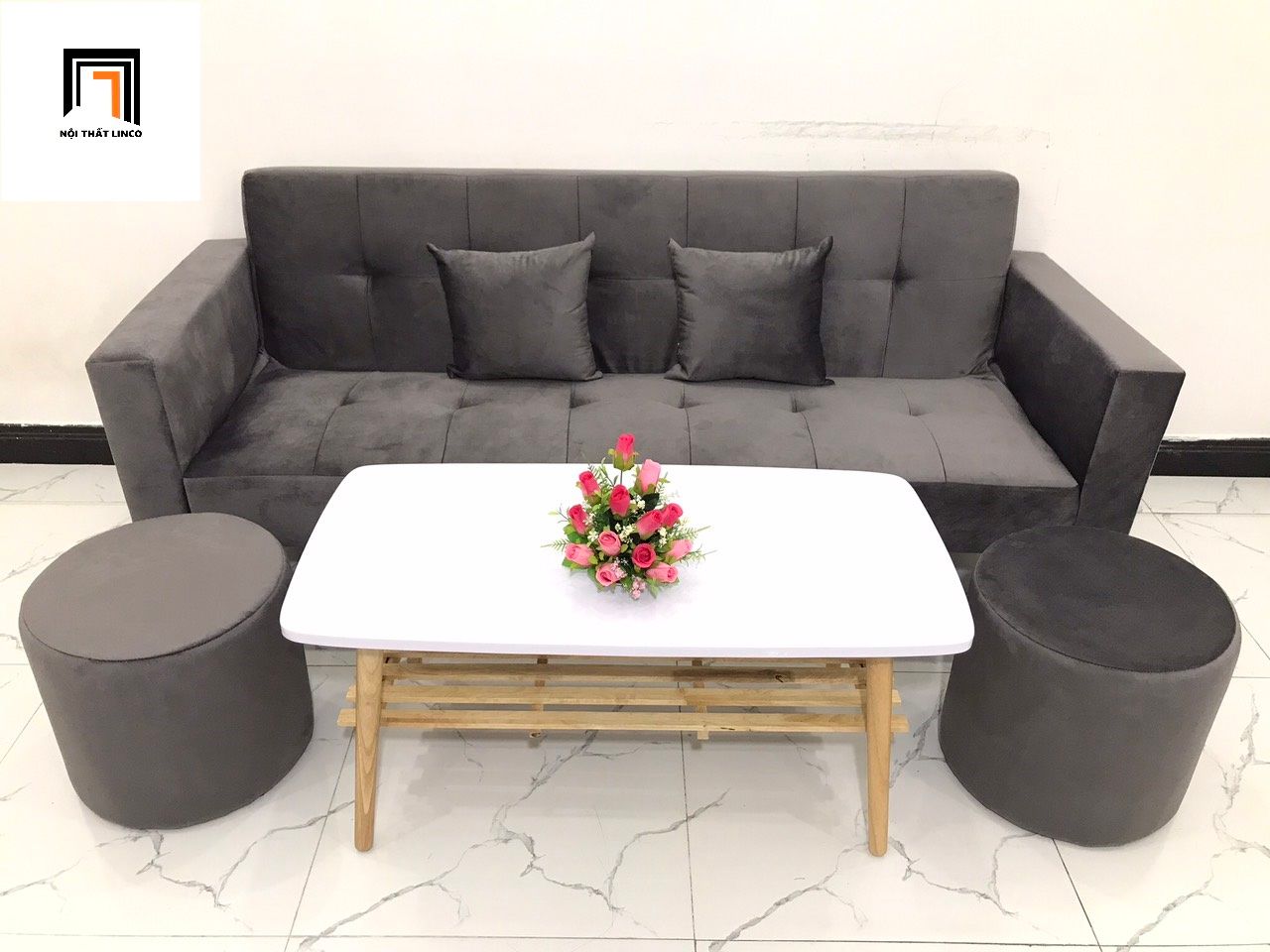 Bộ ghế sofa băng đa năng 2m BTV xám đen vải nhung sang trọng