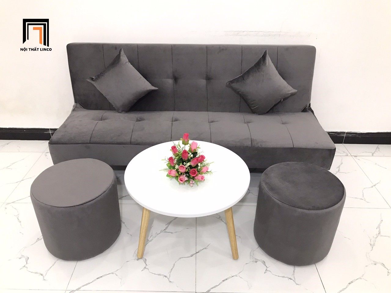 Bộ ghế sofa bed (sofa giường) dài 1m7 SFG xám đen vải nhung