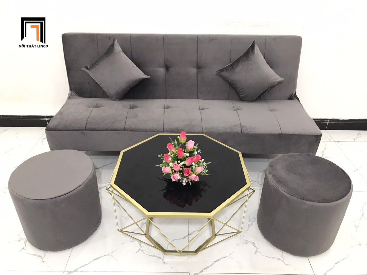 Bộ ghế sofa bed (sofa giường) dài 1m7 SFG xám đen vải nhung