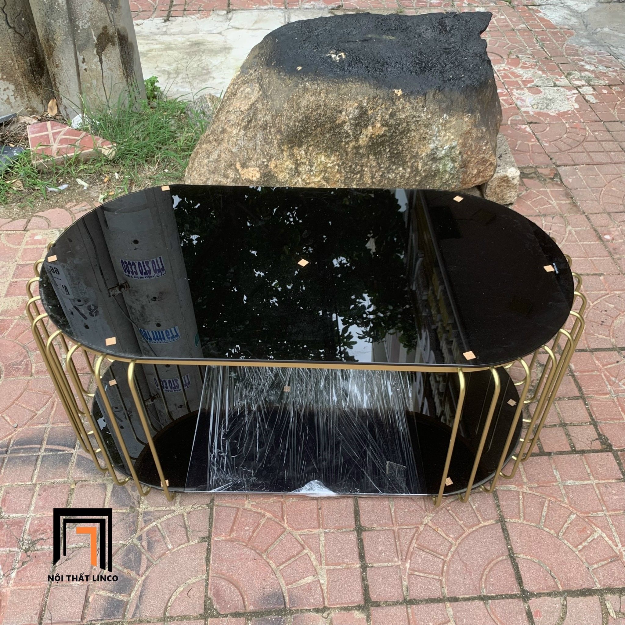 Bàn trà phòng khách mặt kính đen 2 tầng BTPK4 Neya 1m giá rẻ