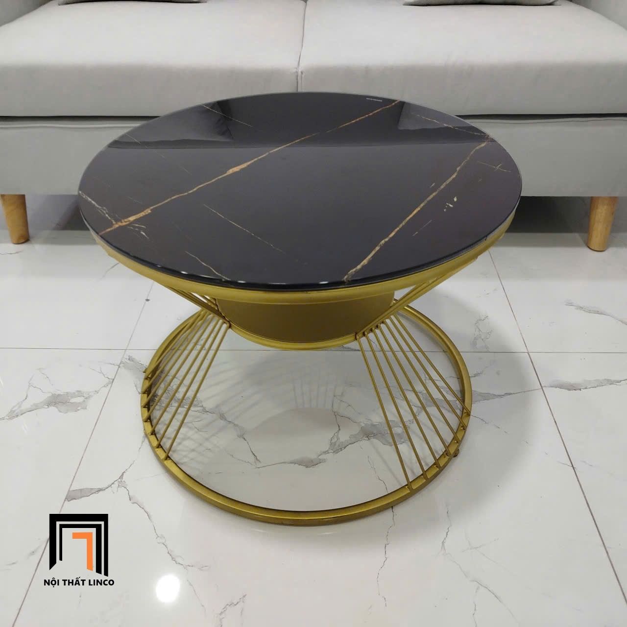 Bàn sofa mặt kính tròn giả đá BTPK13 Sava 60 x 45 khung vàng