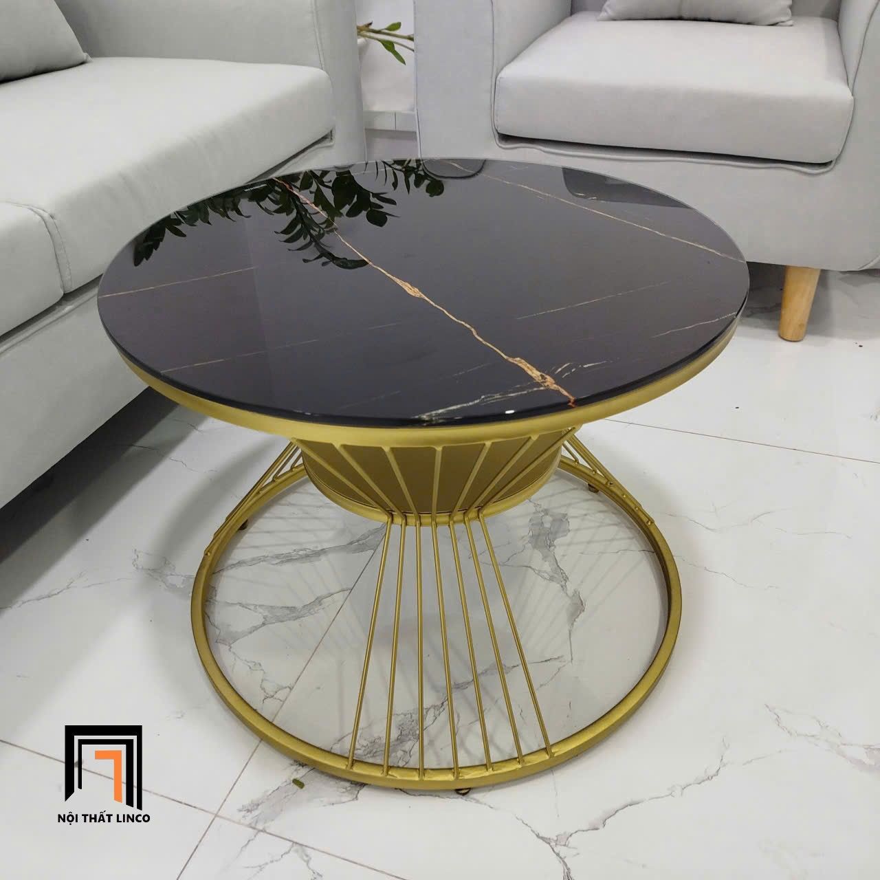 Bàn sofa mặt kính tròn giả đá BTPK13 Sava 60 x 45 khung vàng