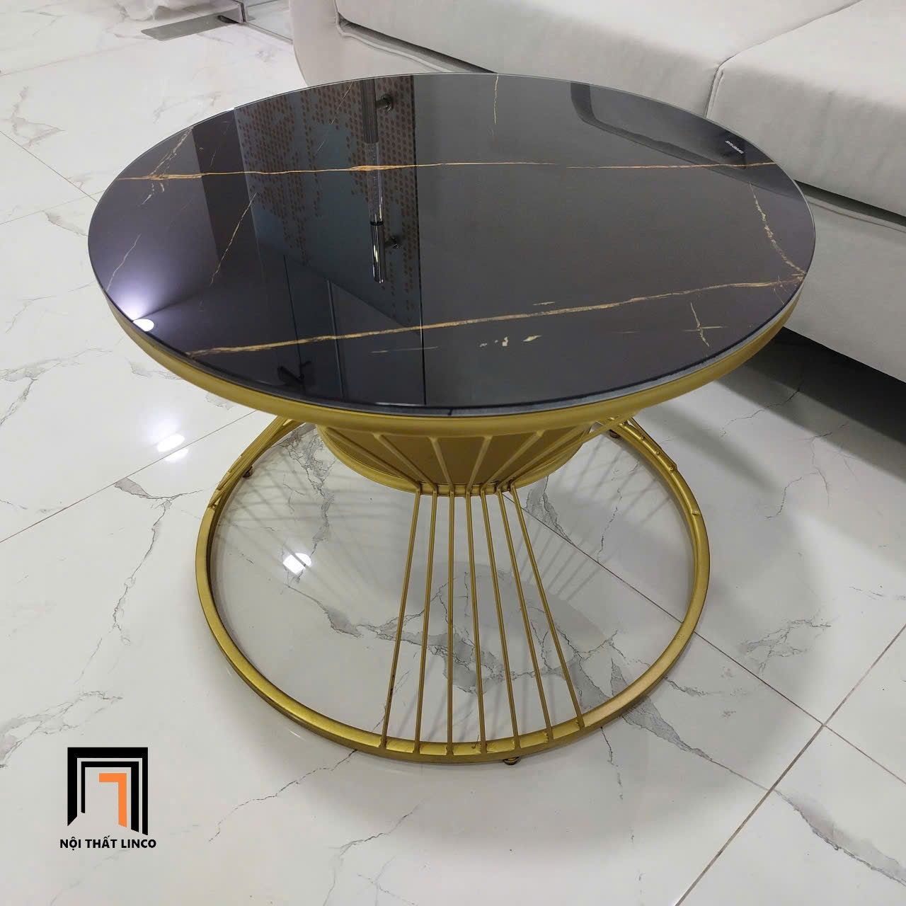 Bàn sofa mặt kính tròn giả đá BTPK13 Sava 60 x 45 khung vàng