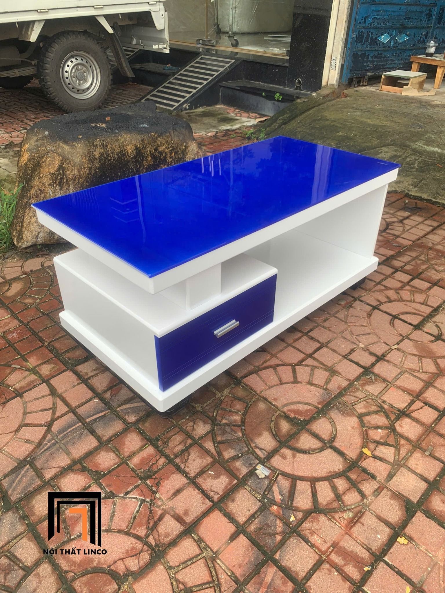 Bàn trà chữ nhật mặt kính xanh dương BTPK14 Talawa 1m giá rẻ