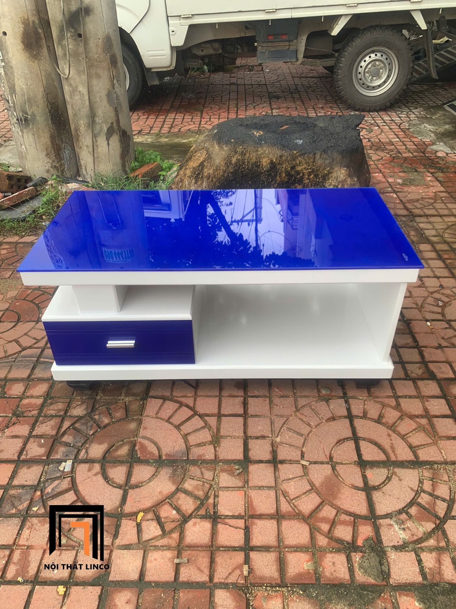 Bàn trà chữ nhật mặt kính xanh dương BTPK14 Talawa 1m giá rẻ