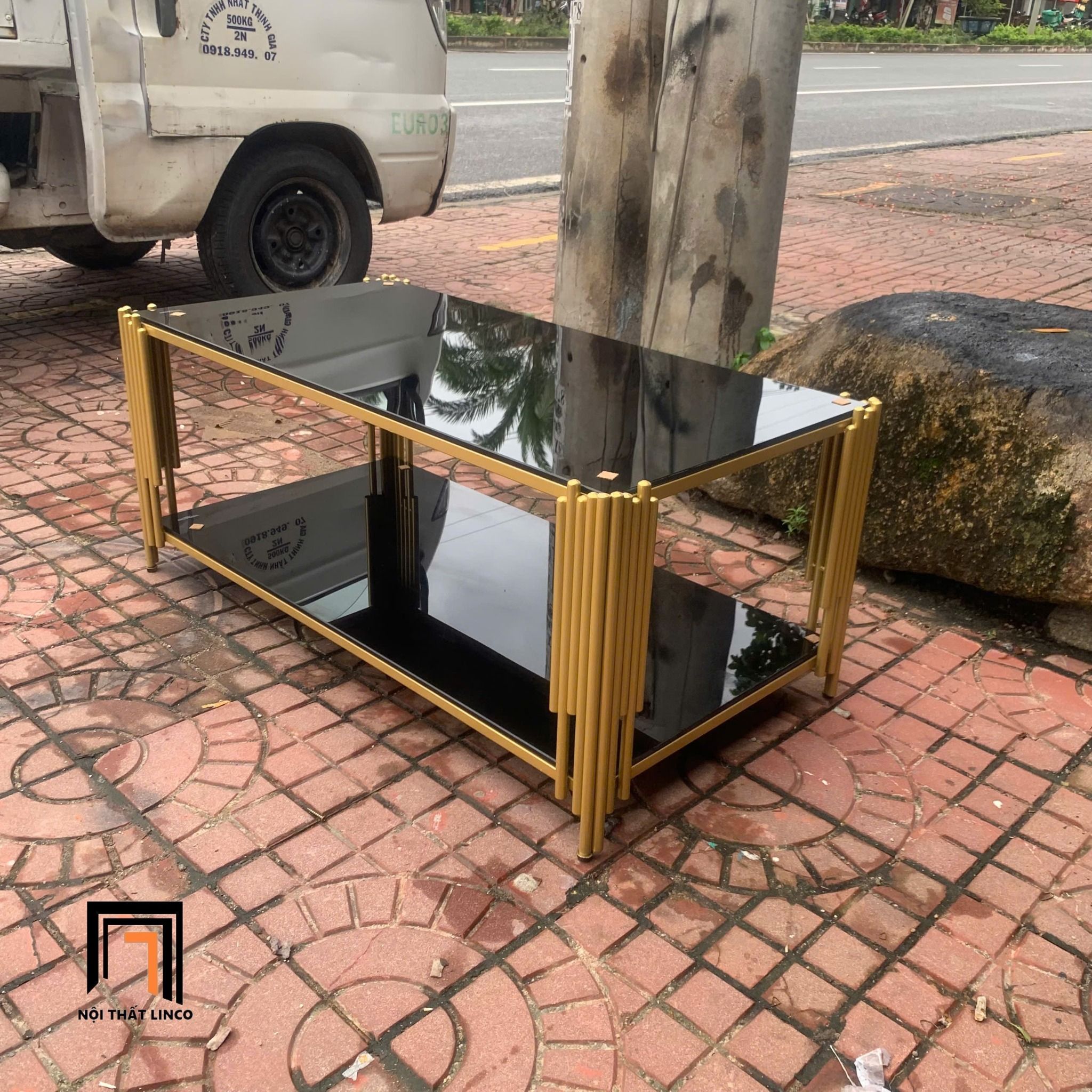 Bàn trà chữ nhật 1m phòng khách BTPK16 Akoka kính đen 2 tầng