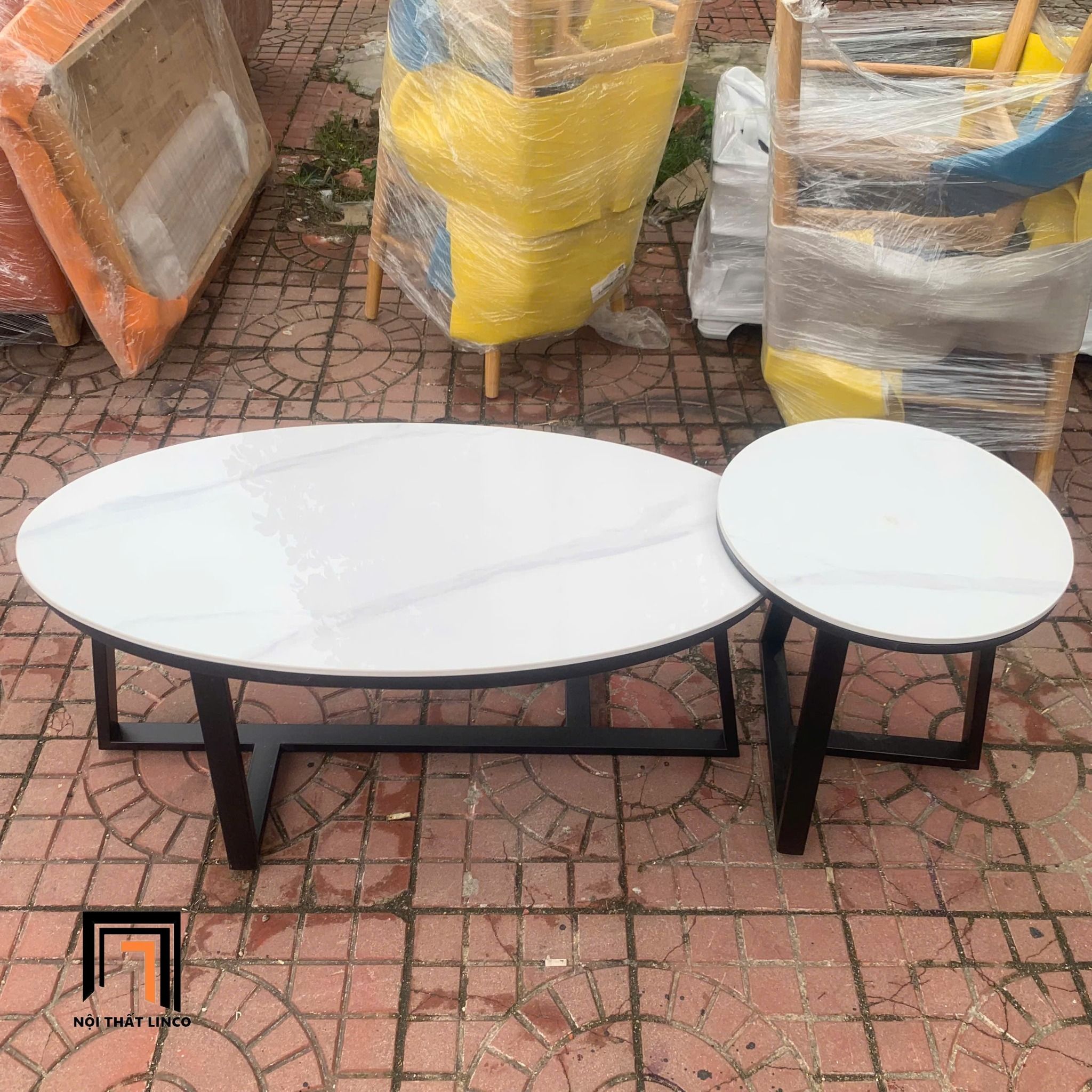 Cặp bàn trà mặt đá trắng BTPK19 Waka phòng khách xinh xắn