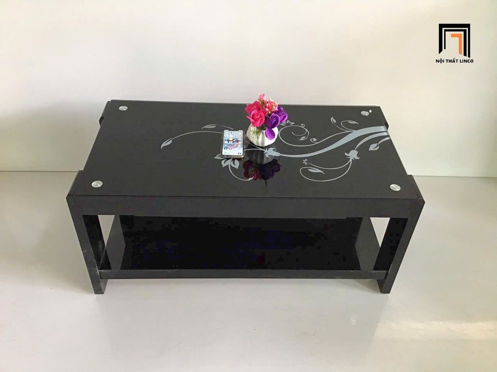 Bàn trà mặt kính in hoa BTPK55 Kylen 1m x 50 phun sơn đen