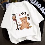 Áo Thun Nữ HappyTee - Mẫu Áo Thun Họa Tiết Gấu Truyền Trà Sữa Đáng Yêu Chất Cotton 100% Cao Cấp