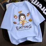 Áo Thun Nữ HappyTee - Mẫu Áo Thun Họa Tiết Cô Bé Đáng Yêu EATTING Chất Cotton 100% Cao Cấp