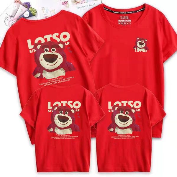 Áo gia đình Familylove - Áo gia đình Tay ngắn Gấu Dâu Lotso Strawberry Bear 2 mặt, Trắng Đen Đỏ, Chất liệu cotton 100% co giãn