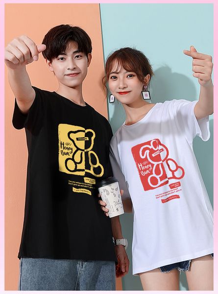 Áo Thun Cặp Đôi  HappyTee - Mẫu Áo Thun Honey Bun Graphis Gấu Và Thỏ Chất Cotton 100% Cao Cấp