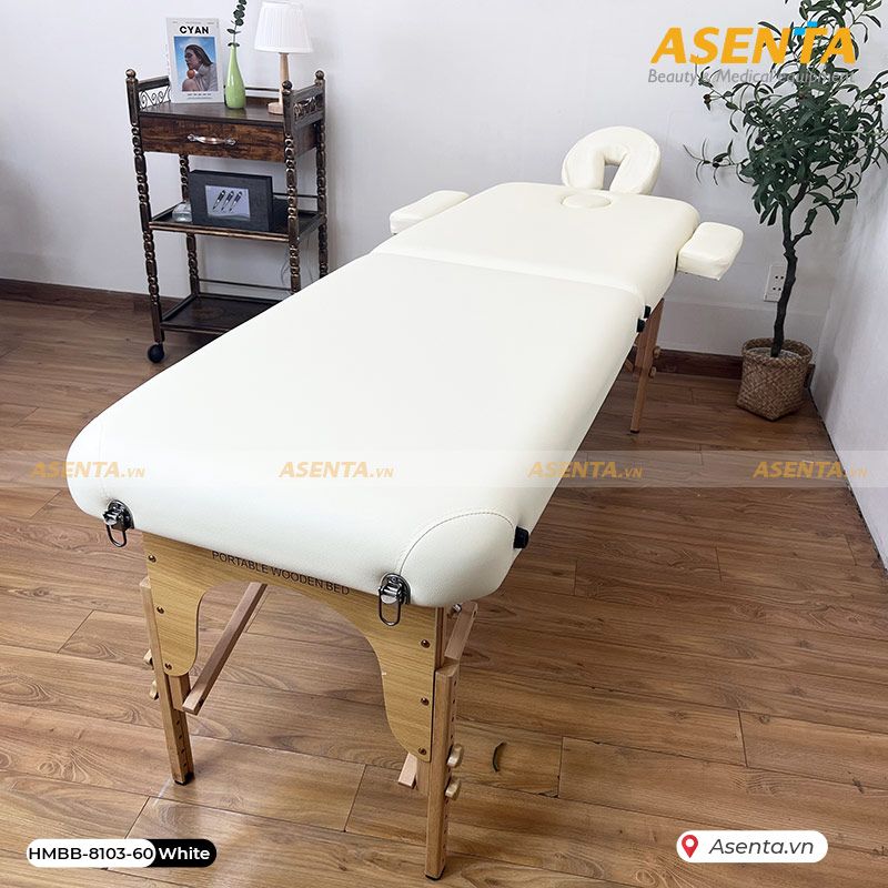 Giường spa gấp gọn chân gỗ Full phụ kiện HMBB-8103-60 - Màu Kem