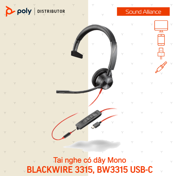  Tai nghe có dây USB Mono Poly Blackwire 3315, BW3315 